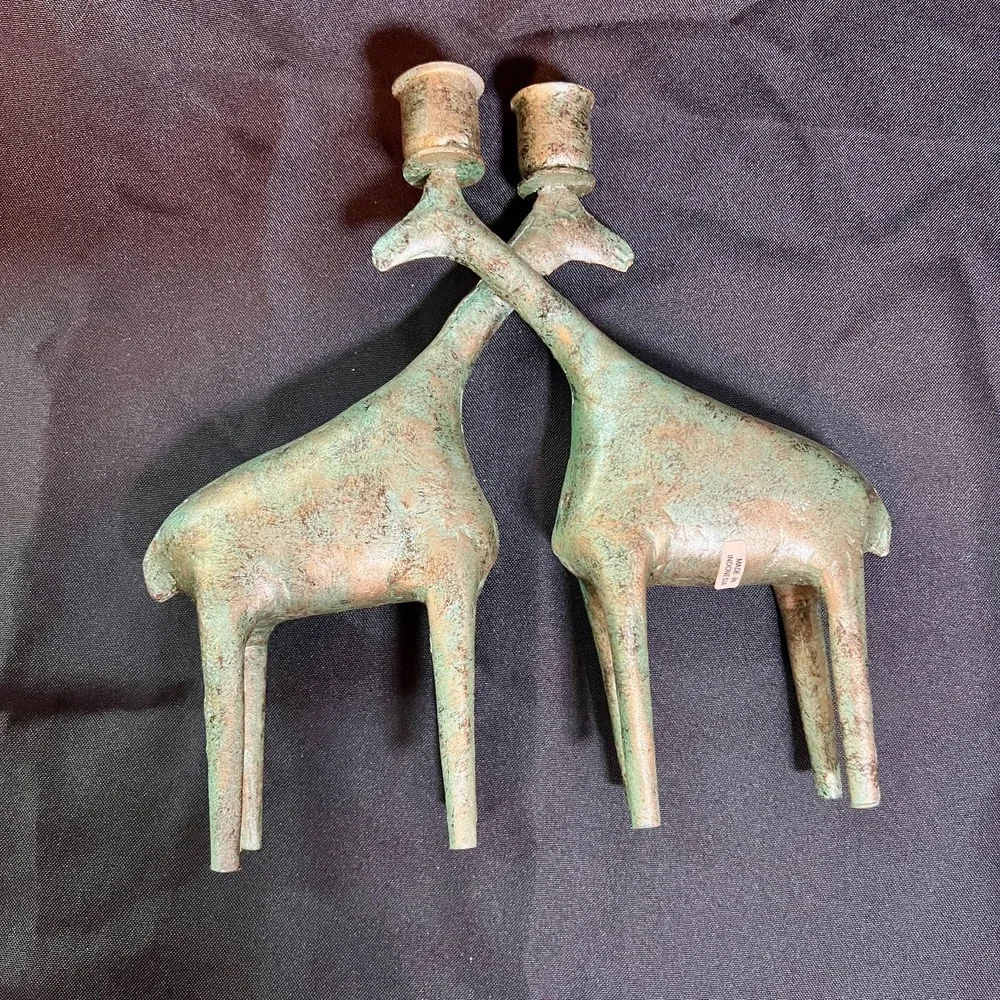 Vintage Verdigris‎ Metal Giraffe Candleholders Pair Indonesia Mid Century Modern